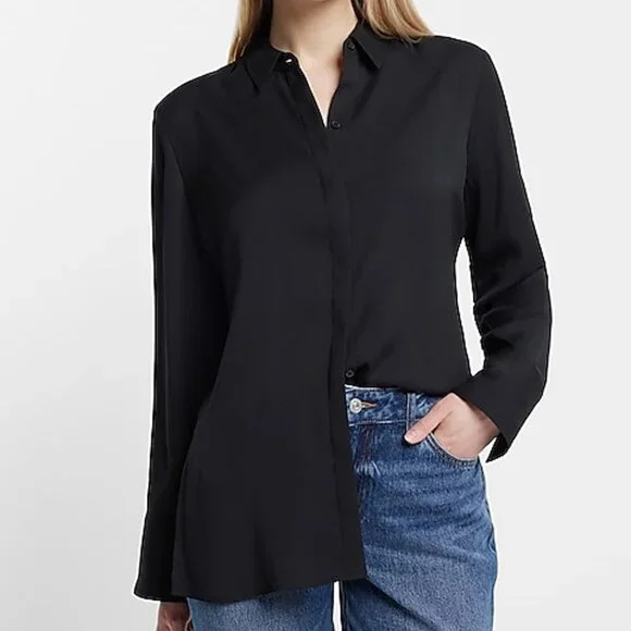 Express Women's Black Sheer Relaxed Tunic Portofino Shirt size Medium - Picture 1 of 5